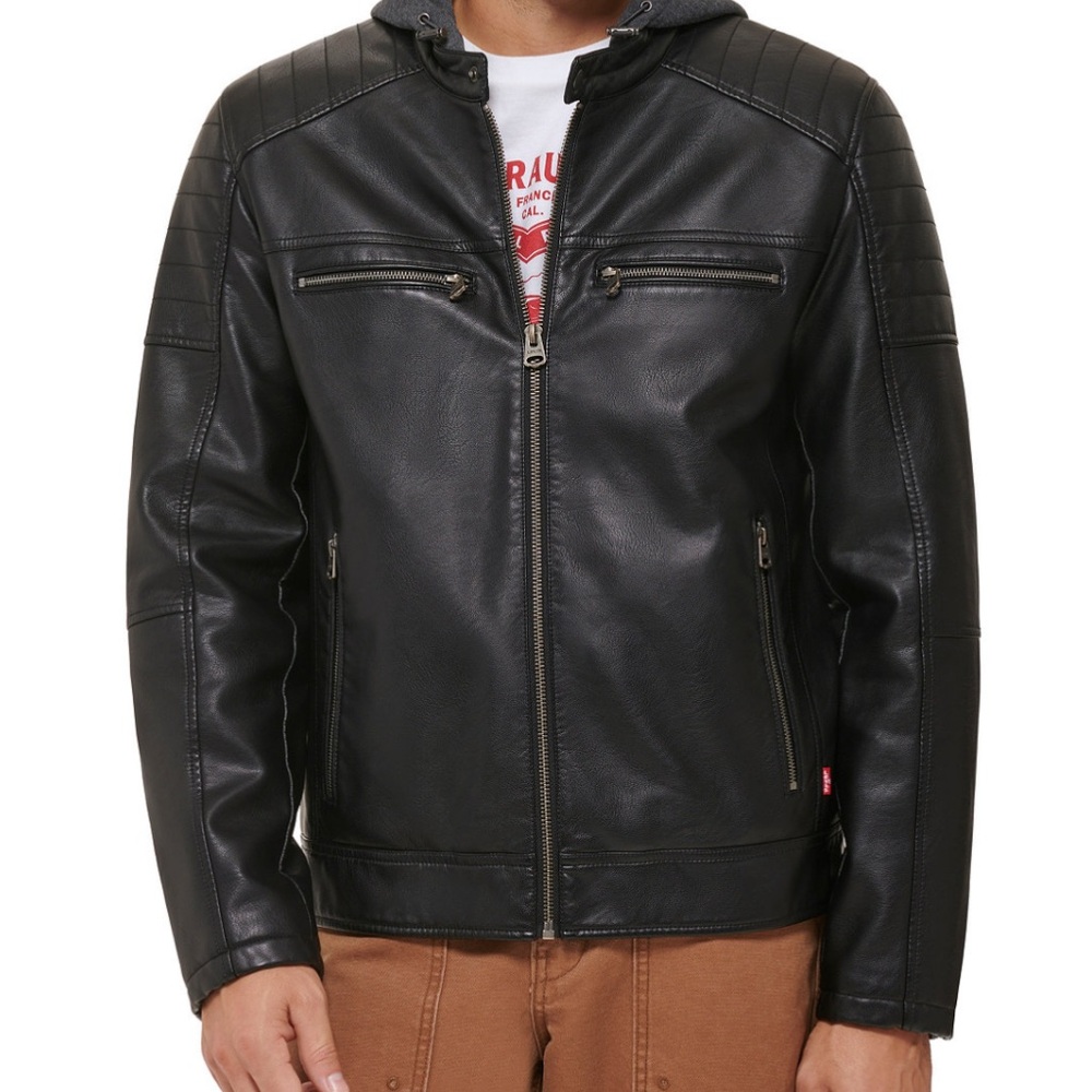 Levi's Black Leather Jacket with Gray Hood